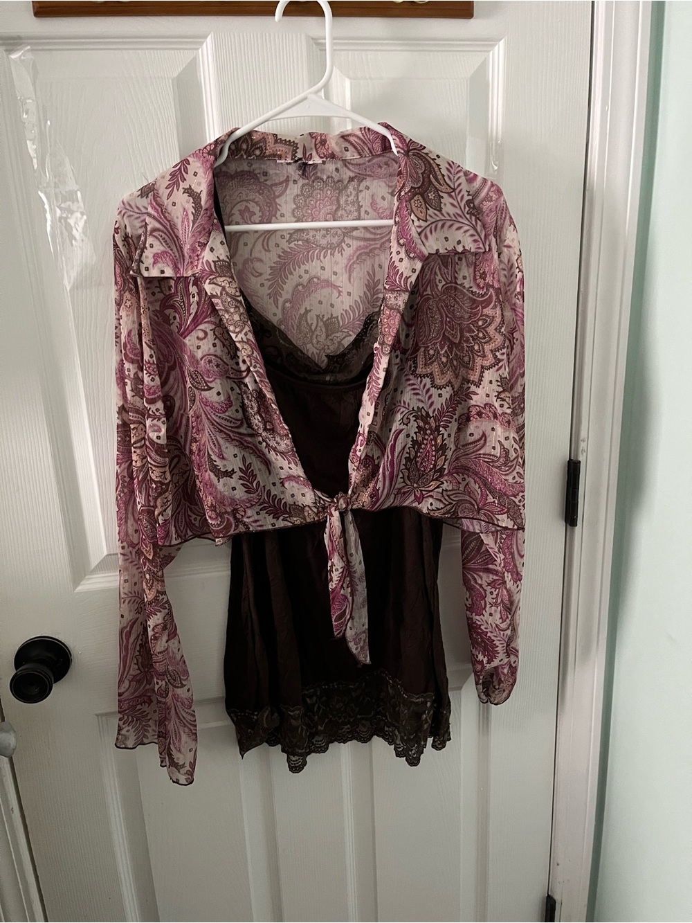 Sheer Paisley Tie-Front Top in Mauve Pink and brown size 2XL